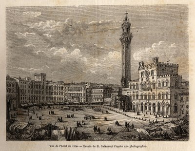 Pohled na radniční náměstí v Sieně, rytina znázorňující plavbu do Sieny (Itálie) v roce 1865, v „Le tour du monde, nouveau journal des voyages““ vydaném pod vedením Edouarda Chartona od Unknown artist