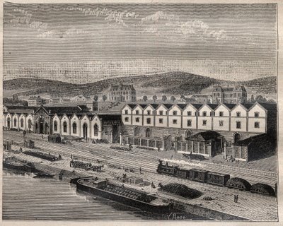 Pohled na Chateau de Pekin, hlavní provozovnu Compagnie des grands vins de Champagne od Eugena Merciera (1838-1904) et Cie poblíž Epernay - rytina v „“La Science francaise““ od Unknown artist