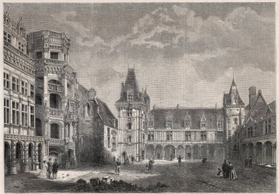 Vnější pohled na hrad Blois s monumentálním schodištěm - rytina v „“ Le Monde Illustrie““ od Unknown artist