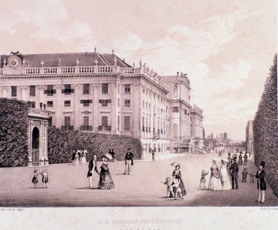 Chodci v parku zámku Schonbrunn (Schoenbrunn) ve Vídni. Rakousko. Tisky z počátku 19. století Soukromá sbírka od Unknown artist