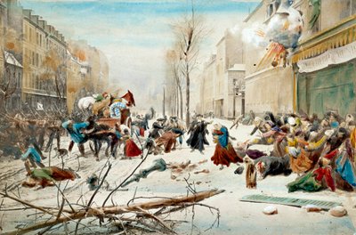 Válka roku 1870: obléhání Paříže v roce 1870, bombardování Prusy. Obyvatelé Paříže opouštějí bombardované oblasti pod sněhem. Akvarel 19. století. Paříž, Musee de l