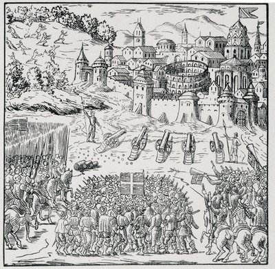 Válka náboženství: Město Nîmes obležené Armée krále (Henry III) v roce 1576 - v „“ Sbírka 39 figurek představujících katastrofy ve Francii v letech 1562 až 1586““, Louis Perrin imprim. od Unknown artist