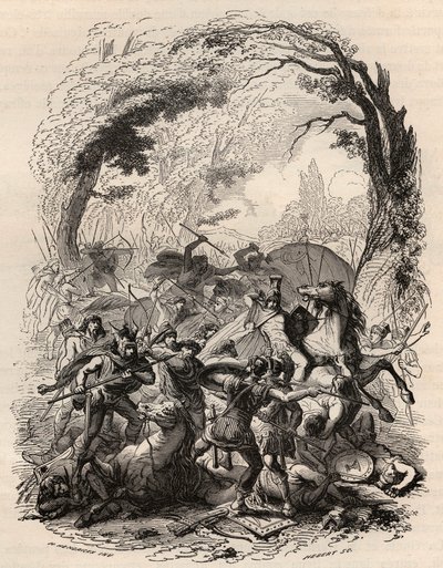 Válka Galů: Bitva u Aduatuca mezi belgickým lidem z Eburonů a římskou armádou. Poražený Quintus Titurius Sabinus a Lucius Aurunculeius Cotta v roce 54 př.nl. Rytina z roku 1868 v „Histoire de Belgique od primitivních dob do konce od Unknown artist