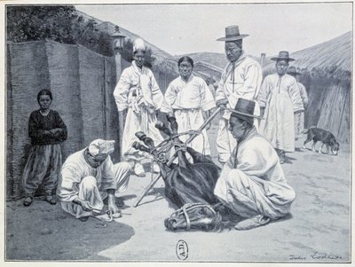Způsob aportování koně v Koreji - rytina od Unknown artist