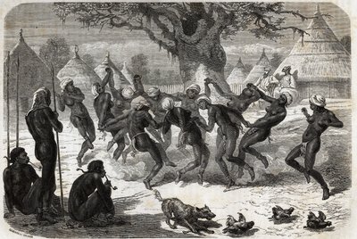 Uvítací tanec žen z kmene po návratu Bakera a jeho ženy od jezera Albert (Albert Nyanza). Engravure pour illustration le voyage au lac Albert, en 1861-1864, od Sir Samuel White Baker, v „Le tour du monde, nouveau journal des voyages od Unknown artist