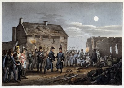 Wellington a Blucher se náhodně setkávají u Waterloo – v „“Historických, vojenských a námořních anekdotách a incidentech, které dorazily k bretaňským armádám a jejich spojencům a skončily ve Waterloo““ od Edwarda Ormea, nemocného. od Atkinson, Londýn od Unknown artist