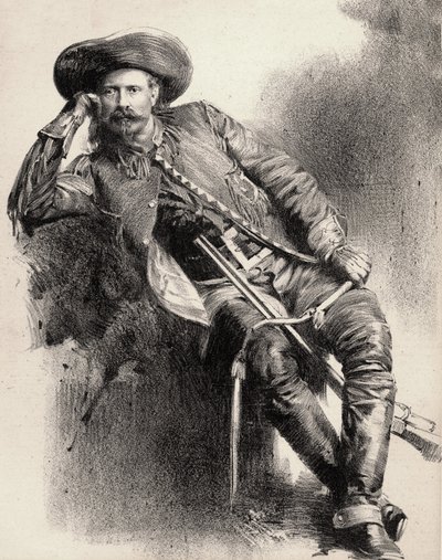 William Frederick Cody - známý jako Buffalo Bill - Portrét Buffalo Billa (1846-1917), plukovník William Cody - rytina za plakátem. od Unknown artist