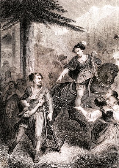 William Tellin sanotaan ampuneen ulosottomies Gessleriä isänmaalliseen sveitsiläiseen legendaan od Unknown artist