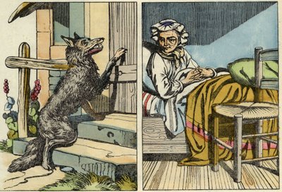 Vlk zaklepe na dveře babičky. Ilustrace pohádky „Červená karkulka“ od Charlese Perraulta od Unknown artist