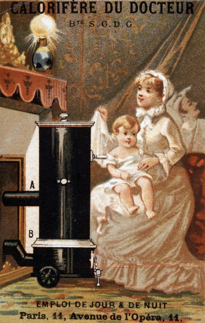 Topení žena a dítě v interiéru, reklama “” lékařská kalorifera”, v. 1895 od Unknown artist