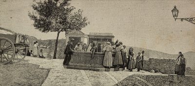 Ženy a děti u kašny v Piana dei Greci, Itálie, rytina z fotografie E. Interguglielmiho z L