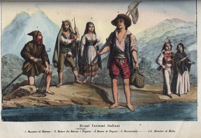 Ženy a muži v tradičních sicilských krojích - Rybář z Palerma, pastýř mezi Palermem a Trapani, žena z Trapani, prodavačka ryb, obyvatelé Malty. rytina z „“ Zvyky a tradice všech národů vesmíru. To je historie vlády, of od Unknown artist