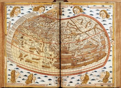 Mapa světa Claude Ptolemee. Lidské hlavy vanoucí vzduch představují různé větry (jejichž jména jsou uvedena). V „“ Latinské geografii. Beatissimo Patri Paulo Secundo Pontifici Maximo. Donis Nicolaus“. Geografický rukopis věnovaný papeži Pavlu II. M od Unknown artist