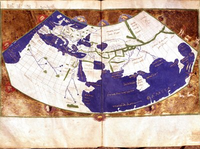 Světová mapa Claudia Ptolemaia (Claude Ptolemee, 90-168 od JC), řeckého astronoma a astrologa - Znázornění ploché Země bez severního a jižního pólu a bez amerického obsahu - Rukopis 15. století - Benátky, Biblioteca Marciana od Unknown artist