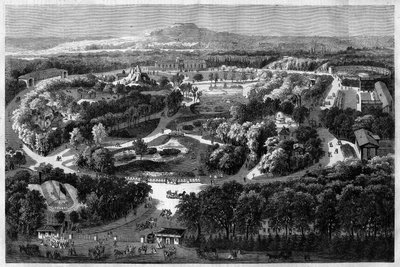 celkový pohled na zahradu aklimatizace v Bois de Boulogne nabízenou a inaugurovanou Napoleonem III v roce 1860, kombinující přírodu, bujnou flóru a exotická zvířata v „“l