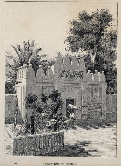 habitation du Sudan (Súdán) - rytina z roku 1889 v „Historie lidského bydlení na světové výstavě v roce 1889, pan Charles GARNIER - Librairie centrale des beaux-arts Paris 1889 od Unknown artist