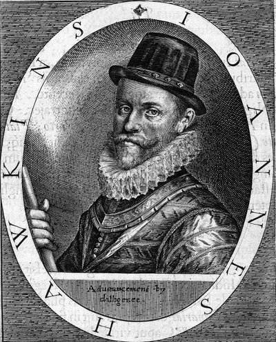 portrét sira Johna Hawkinse (Hawkyns) anglický admirál (1532-1595), známý tím, že jako první obchodoval s černou barvou, podnikl několik cest, financoval londýnskými obchodníky, mezi Afrikou a Amerikou. Rytina z roku 1620. od Unknown artist