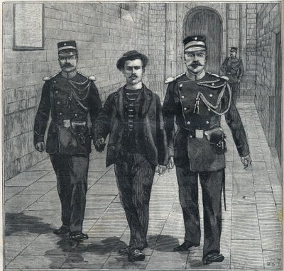 italský anarchista Luigi Luccheni (Lucheni) atentátník na Impress Elizabeth Rakouskou (Sissi) postavený před Soudní dvůr v roce 1898. od Unknown artist