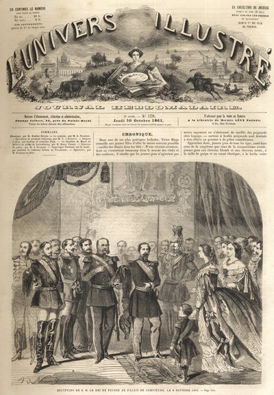 návštěva pruského krále Viléma u Napoleona III., francouzského císaře, v Compiegne, Francie 1861 - Návštěva Viléma I. Pruského (1797-1888) v Compiegne en přítomnost Napoleona III. - Rytina z „“ The Zářivý vesmír” od Unknown artist