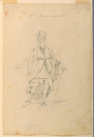 Kresba, kostýmní výprava: Muž ve fantastickém oděvu pro balet, asi 1720 od Unknown artistUnknown artist
