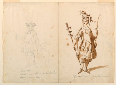 Kresba, kostýmní výprava: Mladík a Diana pro balet, asi 1720 od Unknown artistUnknown artist