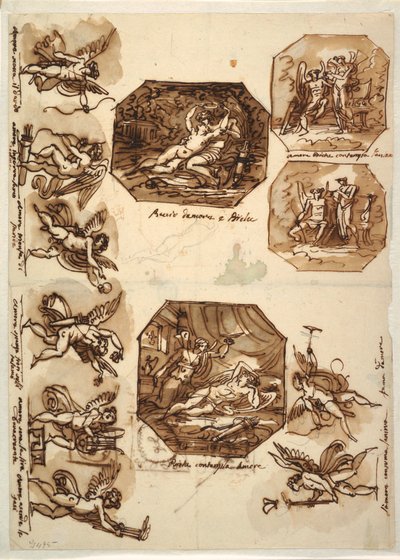Kresba, Amor a Psyché: Čtyři osmiúhelníky a osm kreseb Amora, 1810-15 od Unknown artistUnknown artist