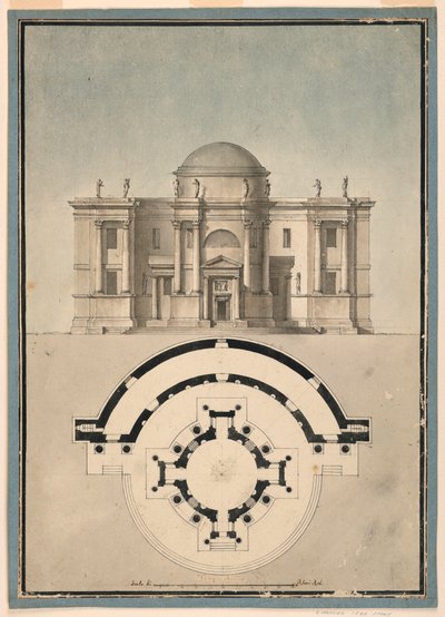 Kresba, Návrh klasicistního chrámu s templářem a půlkruhovou edikulou, asi 1780 od Unknown artistUnknown artist