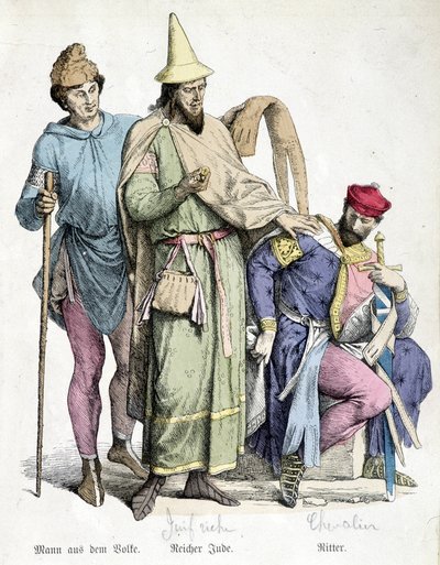 Kostýmy z 11. století: Muž s holí, bohatý Žid a rytíř. Rytina 19. století. od Unknown artist