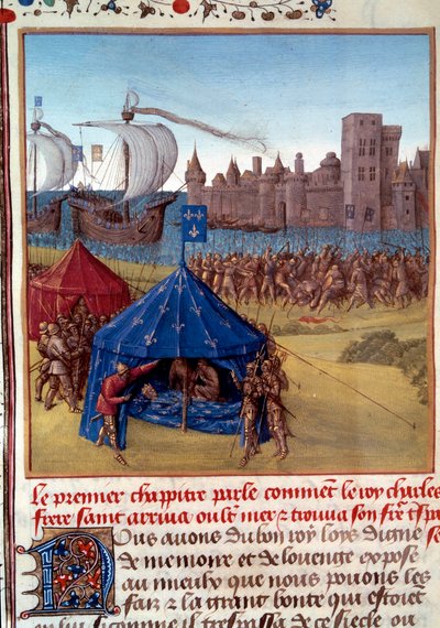 8. křížová výprava: Smrt svatého Ludvíka (Ludvíka IX.) (1214/1215-1270) na mor v Tunisu. Miniatura převzatá z „“Le livre des faits de Monseigneur Saint Louis“““ Paříž 15. století, B.N. od Unknown artist
