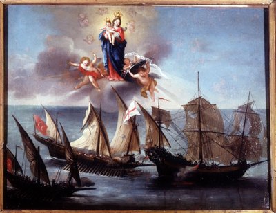 Janovský člun napadený galiotou a barbarskou pologalérou. Ex-voto 1796. Námořní muzeum Janov-Pegli. od Unknown artist