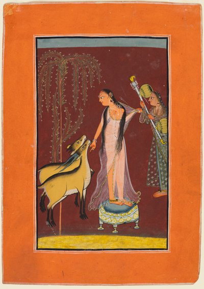 Dáma s obsluhou a pár jelenů: Pravděpodobně Gujari Ragini z Dipak, z Pahari Ragamala od Unknown artist