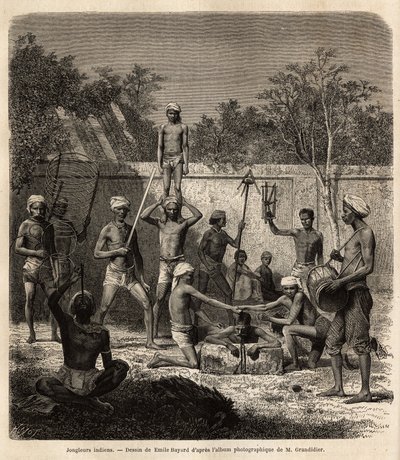 Skupina indických kejklířů. Rytina pro ilustraci plavby v poledních provinciích Indie, od Alfreda Grandidiera, v letech 1862-1864, publikovaná v “” le tour du monde””, pod vedením D