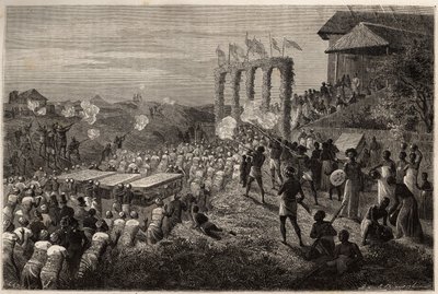 Svatební průvod v Tete (Mozambik). Rytina pro ilustraci prvních plaveb Dr. Livingstonea do jižní Afriky v letech 1840 až 1856 v „Le tour du monde, nouveau journal des voyages““ vydaném pod vedením Edouarda Chartona od Unknown artist