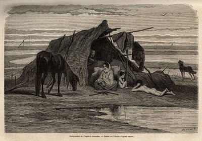 Tábor kočovných cikánů na pláních severní Bosny. Rytina k ilustraci vzpomínek na cesty mezi jižními Slovany, od Georgese Perrota, v roce 1868, publikovaná v „“Le tour du monde““ 1870-1871, editoval Edouard Charton, vydání Hachette, Pari od Unknown artist