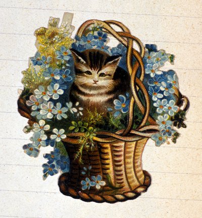 Kočka v košíku květin. Chromolitografie 19. století. od Unknown artist