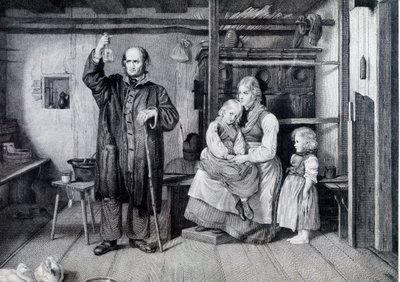 Lékař zkoumající láhev, pravděpodobně lahvičku s močí, při návštěvě matky a jejích dvou dětí žijících v chudobě (rytina) od Unknown artist