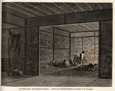 Ubytovna v hostinci v Japonsku. Rytina k ilustraci plavby do Japonska v letech 1863-1864 od Aime Humberta, ministra Švýcarské konfederace, v „Le tour du monde, nouveau journal des voyages“, vydaném pod vedením Edouarda Chartona od Unknown artist