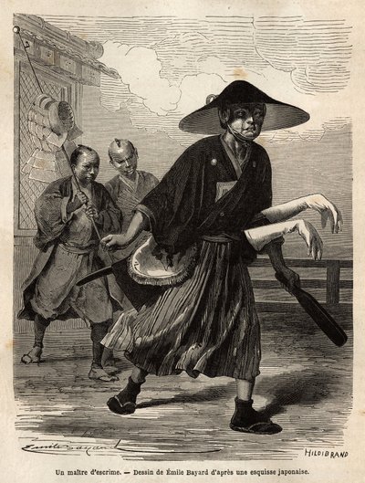 Mistr šermu, následovaný dvěma pomocníky, kteří nosí jeho materiál, mistr si navléká bílé rukavice přes rukávy svých mečů. Rytina k ilustraci plavby do Japonska v letech 1863-1864 od Aime Humberta, ministra Švýcarské konfederace, v „“ Le to od Unknown artist