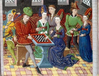 Šachová partie mezi dvěma dvořany v zámecké komnatě. Miniatura převzatá z „“Historie Alexandra Velikého““ (nebo Alexandra III. Makedonského (356–323 př. n. l.)) od Unknown artist
