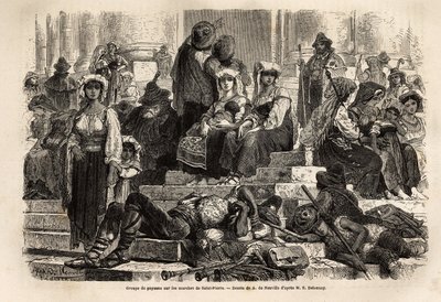 Skupina rolníků a pastýřů se schází k oslavě Svatého týdne na schodech svatého Petra ve Vatikánu. Rytina k ilustraci příběhu Svatého týdne v Římě v roce 1863 od Ludovica Cellera v „Le tour du monde, nouveau journal des voyages““ od Unknown artist