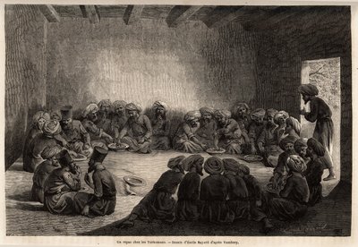 Jídlo u Turkomanů (Irák). Kresba Emila Bayarda (1837-1891) pro ilustraci cesty do Střední Asie v roce 1863 od Arminia Vamberyho (maďarského vědce v přestrojení za derviše). Rytina v „“Le tour du monde““, editoval Edouard Charton od Unknown artist