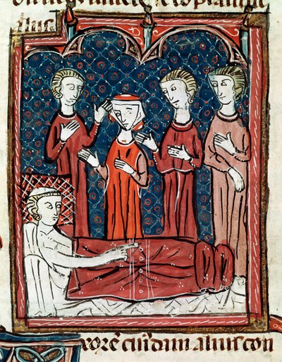 Pacient na lůžku obklopený lékaři (Miniatura od Unknown artist