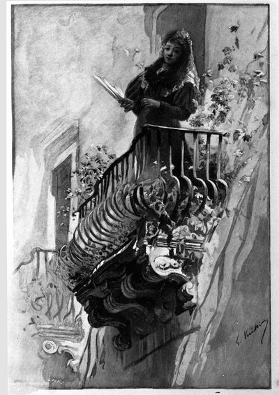 Hezká žena má jednoho letního večera v Syrakusách svůj rozkvetlý balkon. Sicílie Rytina z 19. století od Unknown artist