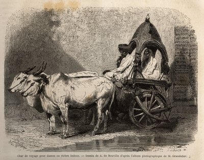 Cestovní tank odpalovaný dvěma bílými voly, pro dámy nebo bohaté hinduisty. Rytina pro ilustraci plavby v poledníkových provinciích Indie od Alfreda Grandidiera v letech 1862-1864, publikovaná v „” le tour du monde””, pod vedením D