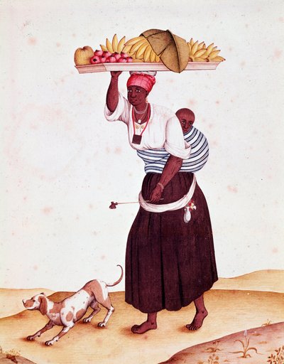 Cestující obchodník s ovocem v Bresilian, nosí své dítě za zády. Akvarel z 18. století. Rio de Janeiro, Národní knihovna od Unknown artist