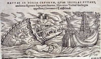Velryba zmatená s ostrovem. Dva lidé zapálí oheň na zádech mořského monstra. Rytina n Historia Animalium od Conrada Gesnera (1516-1565), Tiguri od Unknown artist