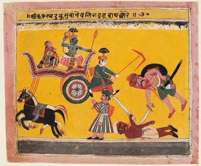 Únos Rukmini: Krišna svázal ruce Rukmě z Bhagavata Purany od Unknown artist