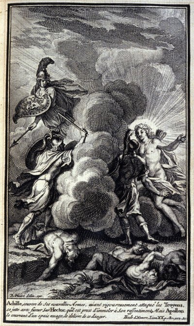 Achilles, zakrytý svými novými zbraněmi, důsledně zaútočil na Trojany, se vzteky vrhl na Hectora, kterého byl připraven ke své nelibosti zabít, ale Apollo ho zakryl hustým mrakem, aby toto nebezpečí způsobil. Ilustrace knihy od Unknown artist