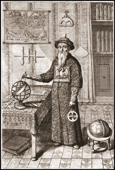 Adam Schall, astronom (1592-1666) v kostýmu mandarinky, s pozemskými a nebeskými glóby a astrolábem - v „Číně“ od Athanase Kircher (nebo Athanasius Kircheri) od Unknown artist