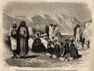 Afghánští Montagnards poblíž Sarwar. Rytina k ilustraci plavby do Pandžábu a Kašmíru, příběh Guillauma Lejeana, v roce 1866, publikovaný v „Le tour du monde, nouveau journal des voyages“, pod vedením Edouarda Chartona od Unknown artist